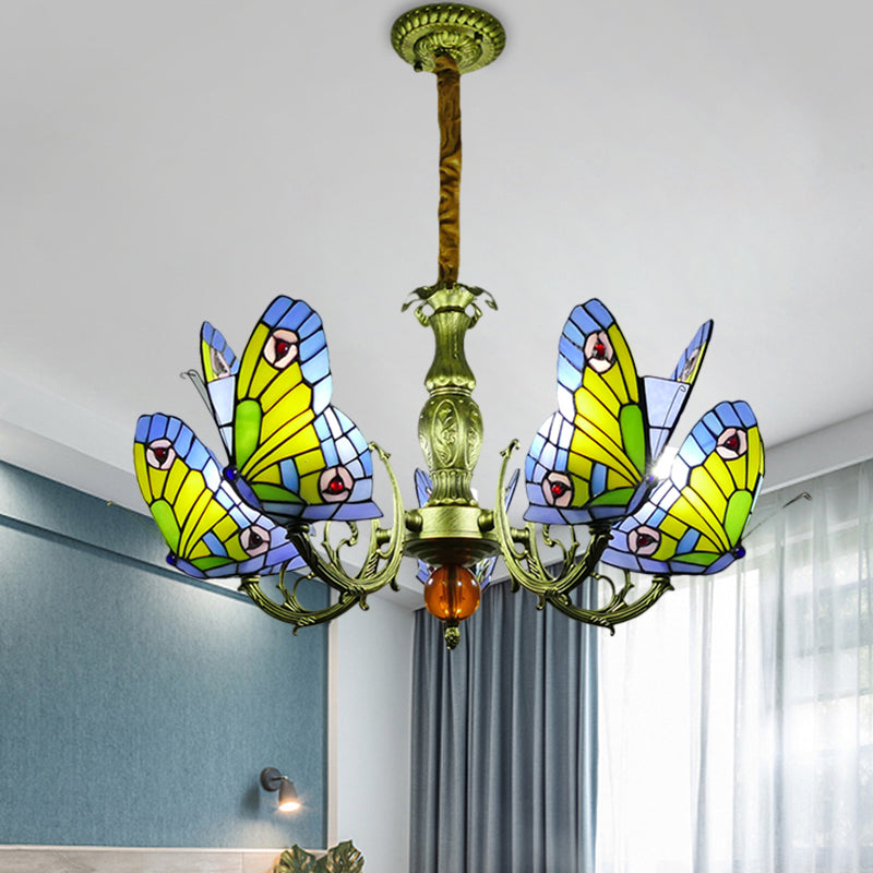 Butterfly Stained Glass Chandelier Lamp Tiffany 3/5 Bulbs Orange/Yellow and Green Suspension Light Fixture for Bedroom Clearhalo 'Ceiling Lights' 'Chandeliers' 'Industrial' 'Middle Century Chandeliers' 'Tiffany Chandeliers' 'Tiffany close to ceiling' 'Tiffany' Lighting' 1711294
