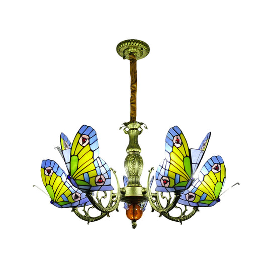 Butterfly Stained Glass Chandelier Lamp Tiffany 3/5 Bulbs Orange/Yellow and Green Suspension Light Fixture for Bedroom Clearhalo 'Ceiling Lights' 'Chandeliers' 'Industrial' 'Middle Century Chandeliers' 'Tiffany Chandeliers' 'Tiffany close to ceiling' 'Tiffany' Lighting' 1711295