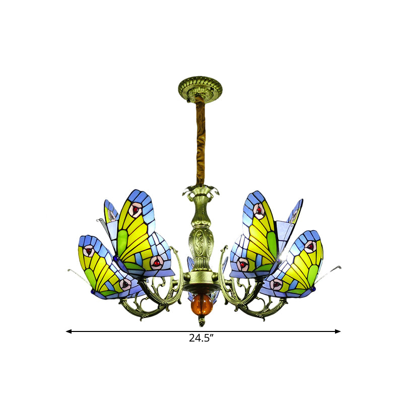 Butterfly Stained Glass Chandelier Lamp Tiffany 3/5 Bulbs Orange/Yellow and Green Suspension Light Fixture for Bedroom Clearhalo 'Ceiling Lights' 'Chandeliers' 'Industrial' 'Middle Century Chandeliers' 'Tiffany Chandeliers' 'Tiffany close to ceiling' 'Tiffany' Lighting' 1711296