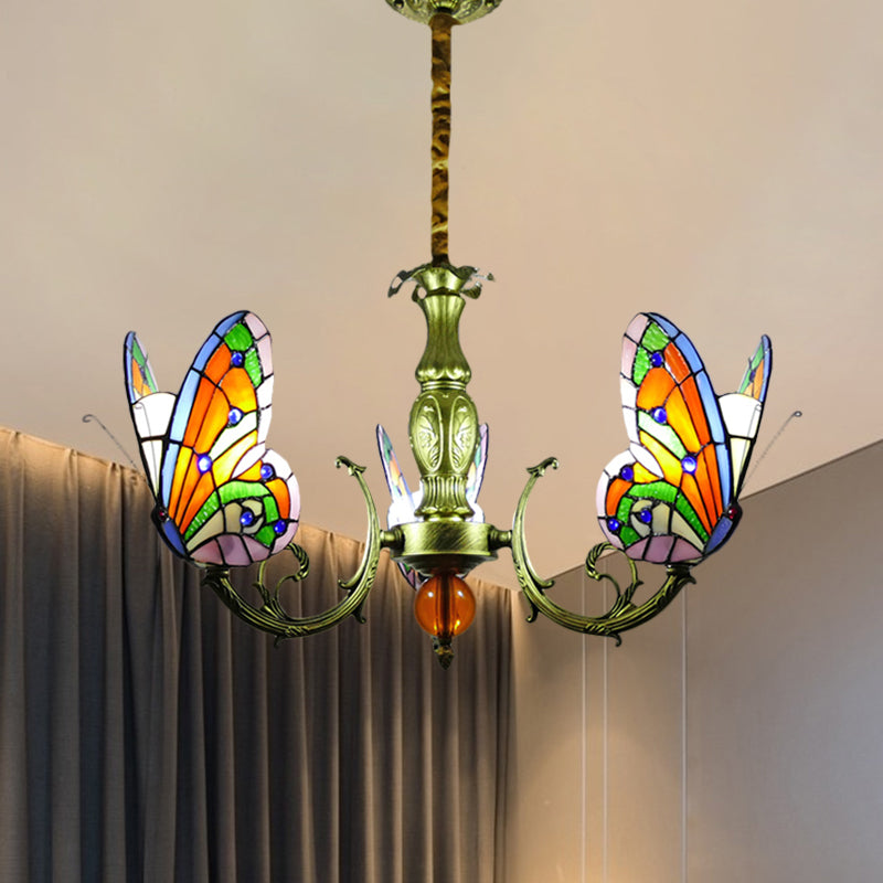 Butterfly Stained Glass Chandelier Lamp Tiffany 3/5 Bulbs Orange/Yellow and Green Suspension Light Fixture for Bedroom 3 Orange Clearhalo 'Ceiling Lights' 'Chandeliers' 'Industrial' 'Middle Century Chandeliers' 'Tiffany Chandeliers' 'Tiffany close to ceiling' 'Tiffany' Lighting' 1711297