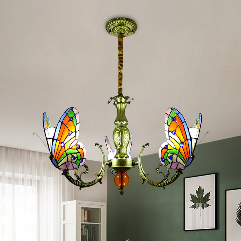 Butterfly Stained Glass Chandelier Lamp Tiffany 3/5 Bulbs Orange/Yellow and Green Suspension Light Fixture for Bedroom Clearhalo 'Ceiling Lights' 'Chandeliers' 'Industrial' 'Middle Century Chandeliers' 'Tiffany Chandeliers' 'Tiffany close to ceiling' 'Tiffany' Lighting' 1711298