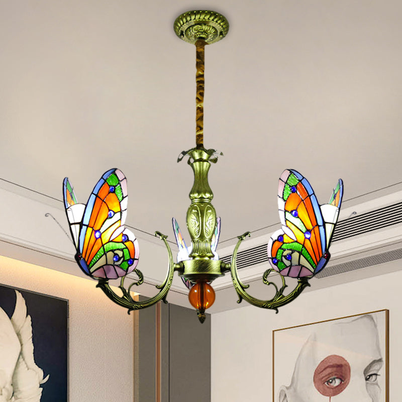 Butterfly Stained Glass Chandelier Lamp Tiffany 3/5 Bulbs Orange/Yellow and Green Suspension Light Fixture for Bedroom Clearhalo 'Ceiling Lights' 'Chandeliers' 'Industrial' 'Middle Century Chandeliers' 'Tiffany Chandeliers' 'Tiffany close to ceiling' 'Tiffany' Lighting' 1711299