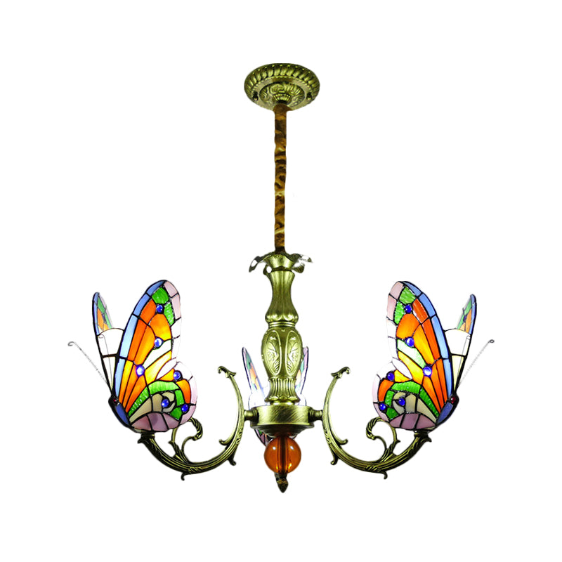 Butterfly Stained Glass Chandelier Lamp Tiffany 3/5 Bulbs Orange/Yellow and Green Suspension Light Fixture for Bedroom Clearhalo 'Ceiling Lights' 'Chandeliers' 'Industrial' 'Middle Century Chandeliers' 'Tiffany Chandeliers' 'Tiffany close to ceiling' 'Tiffany' Lighting' 1711300