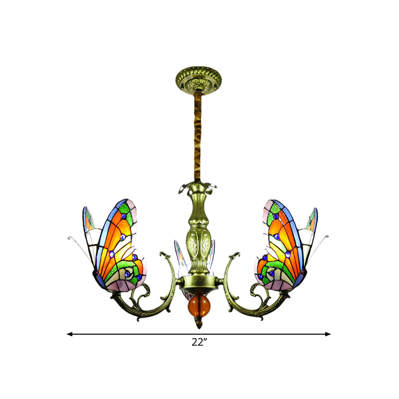 Butterfly Stained Glass Chandelier Lamp Tiffany 3/5 Bulbs Orange/Yellow and Green Suspension Light Fixture for Bedroom Clearhalo 'Ceiling Lights' 'Chandeliers' 'Industrial' 'Middle Century Chandeliers' 'Tiffany Chandeliers' 'Tiffany close to ceiling' 'Tiffany' Lighting' 1711301