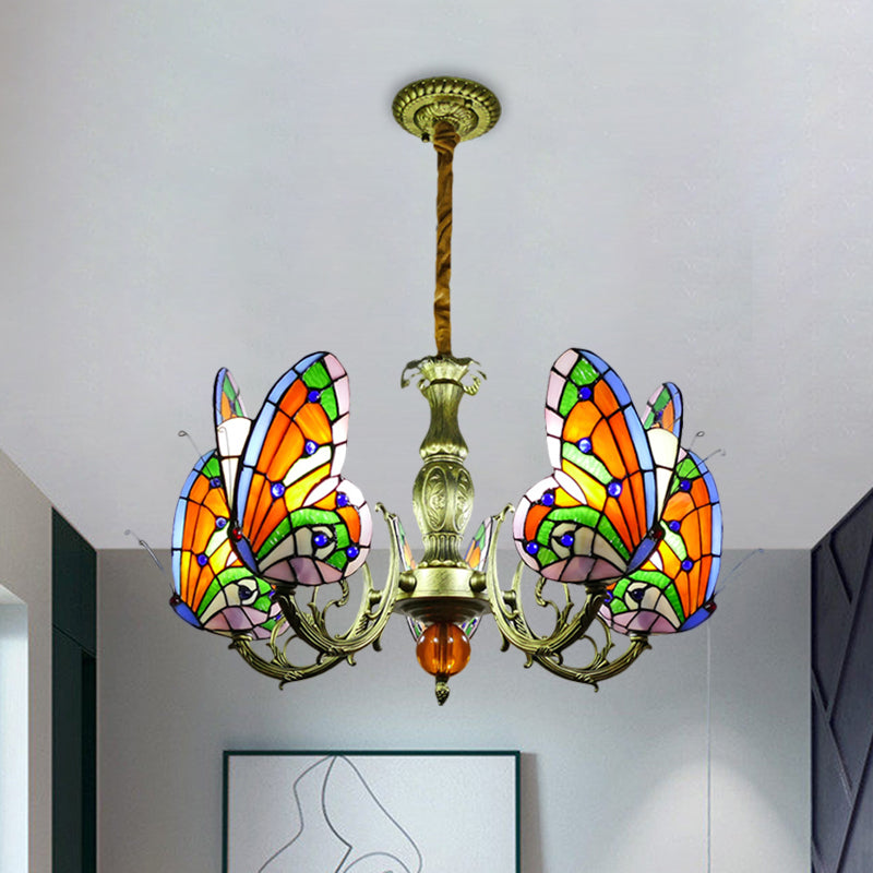 Butterfly Stained Glass Chandelier Lamp Tiffany 3/5 Bulbs Orange/Yellow and Green Suspension Light Fixture for Bedroom 5 Orange Clearhalo 'Ceiling Lights' 'Chandeliers' 'Industrial' 'Middle Century Chandeliers' 'Tiffany Chandeliers' 'Tiffany close to ceiling' 'Tiffany' Lighting' 1711302