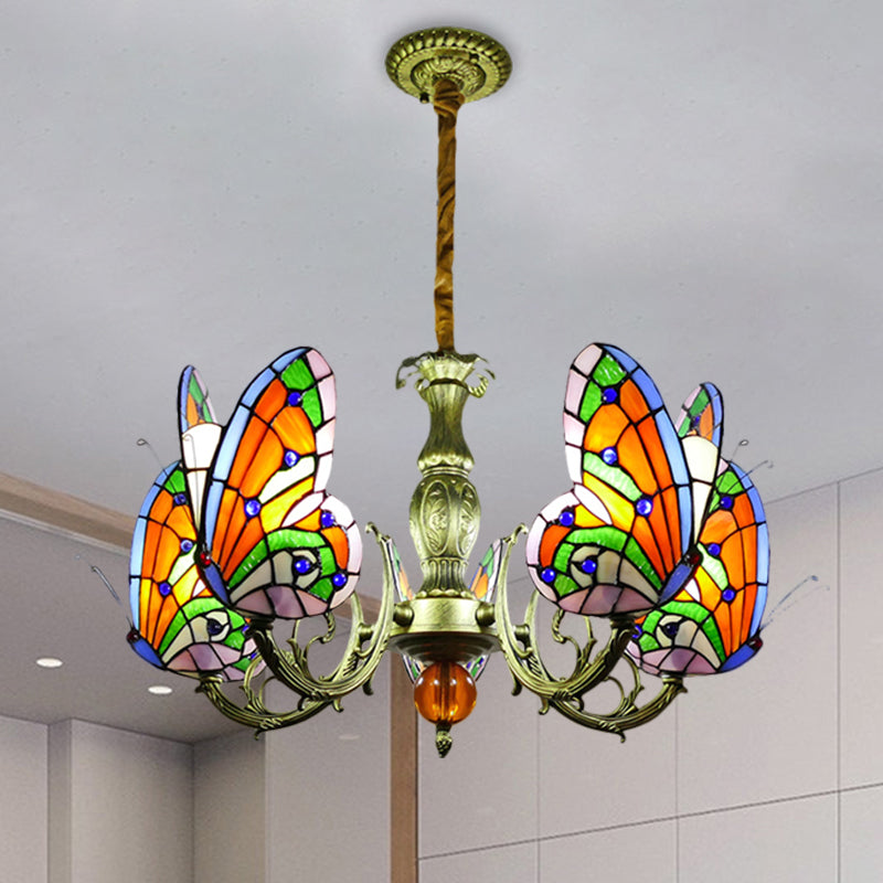Butterfly Stained Glass Chandelier Lamp Tiffany 3/5 Bulbs Orange/Yellow and Green Suspension Light Fixture for Bedroom Clearhalo 'Ceiling Lights' 'Chandeliers' 'Industrial' 'Middle Century Chandeliers' 'Tiffany Chandeliers' 'Tiffany close to ceiling' 'Tiffany' Lighting' 1711303
