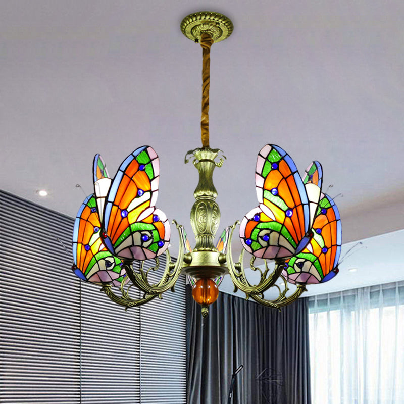 Butterfly Stained Glass Chandelier Lamp Tiffany 3/5 Bulbs Orange/Yellow and Green Suspension Light Fixture for Bedroom Clearhalo 'Ceiling Lights' 'Chandeliers' 'Industrial' 'Middle Century Chandeliers' 'Tiffany Chandeliers' 'Tiffany close to ceiling' 'Tiffany' Lighting' 1711304