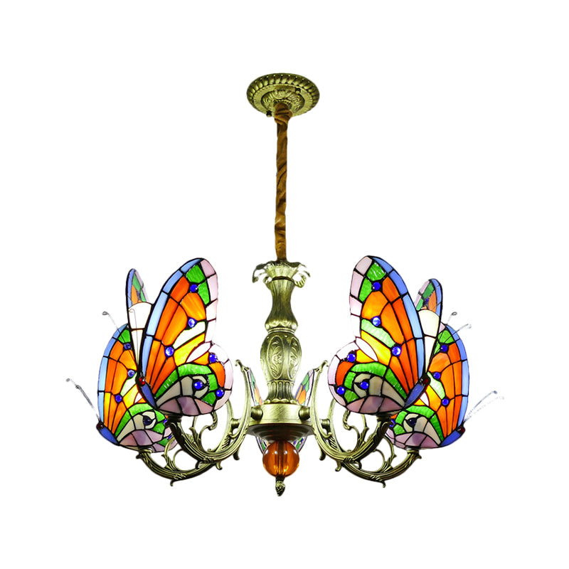 Butterfly Stained Glass Chandelier Lamp Tiffany 3/5 Bulbs Orange/Yellow and Green Suspension Light Fixture for Bedroom Clearhalo 'Ceiling Lights' 'Chandeliers' 'Industrial' 'Middle Century Chandeliers' 'Tiffany Chandeliers' 'Tiffany close to ceiling' 'Tiffany' Lighting' 1711305