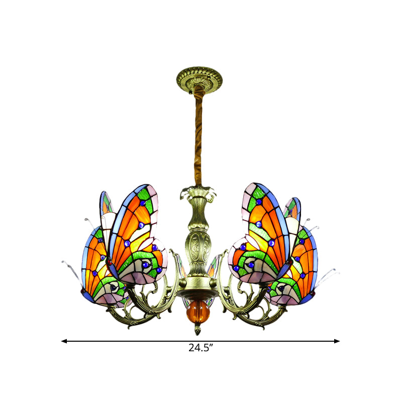 Butterfly Stained Glass Chandelier Lamp Tiffany 3/5 Bulbs Orange/Yellow and Green Suspension Light Fixture for Bedroom Clearhalo 'Ceiling Lights' 'Chandeliers' 'Industrial' 'Middle Century Chandeliers' 'Tiffany Chandeliers' 'Tiffany close to ceiling' 'Tiffany' Lighting' 1711306