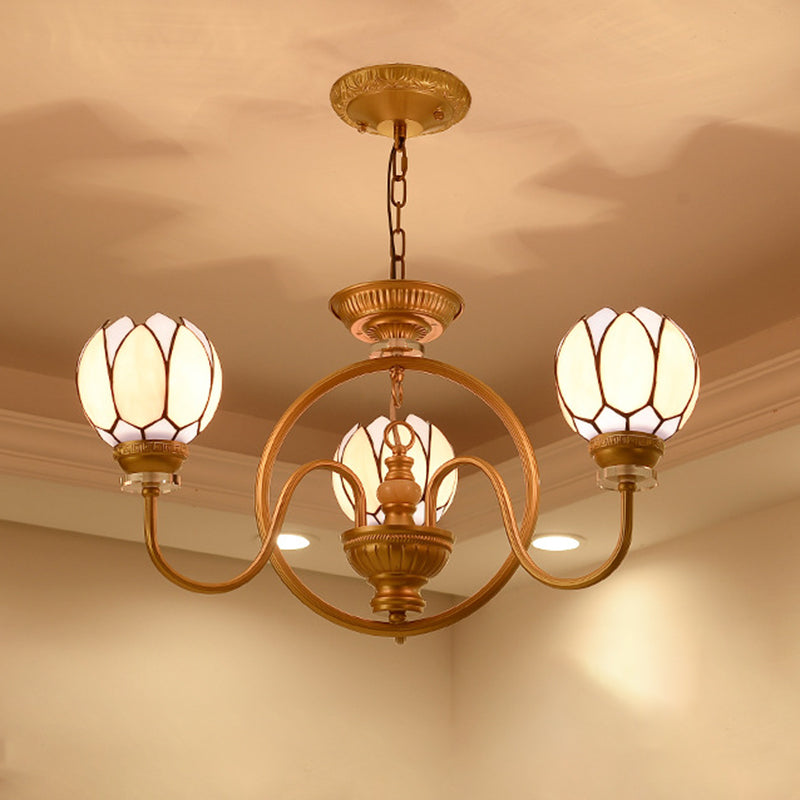 3/5 Bulbs Dining Room Chandelier Lamp Tiffany Gold Pendant Light with Flower Hand Cut Glass Shade Clearhalo 'Ceiling Lights' 'Chandeliers' 'Industrial' 'Middle Century Chandeliers' 'Pendant Lights' 'Tiffany Chandeliers' 'Tiffany close to ceiling' 'Tiffany' Lighting' 1711308