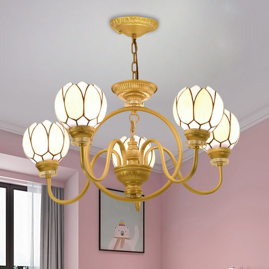 3/5 Bulbs Dining Room Chandelier Lamp Tiffany Gold Pendant Light with Flower Hand Cut Glass Shade 5 Gold Clearhalo 'Ceiling Lights' 'Chandeliers' 'Industrial' 'Middle Century Chandeliers' 'Pendant Lights' 'Tiffany Chandeliers' 'Tiffany close to ceiling' 'Tiffany' Lighting' 1711311
