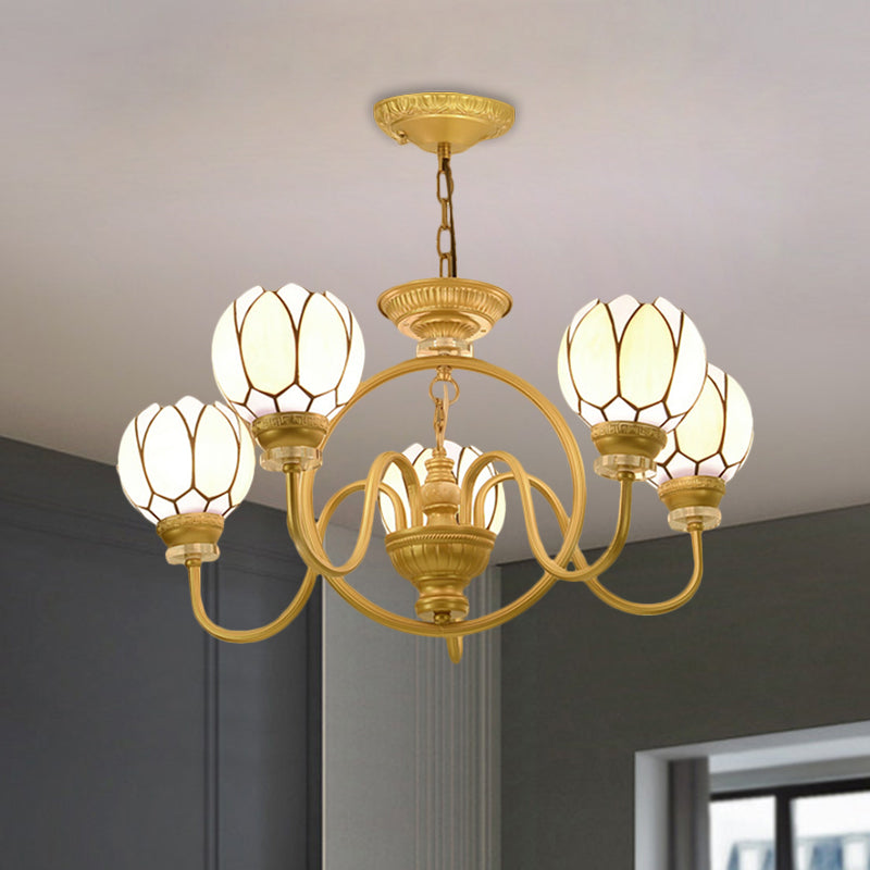 3/5 Bulbs Dining Room Chandelier Lamp Tiffany Gold Pendant Light with Flower Hand Cut Glass Shade Clearhalo 'Ceiling Lights' 'Chandeliers' 'Industrial' 'Middle Century Chandeliers' 'Pendant Lights' 'Tiffany Chandeliers' 'Tiffany close to ceiling' 'Tiffany' Lighting' 1711312