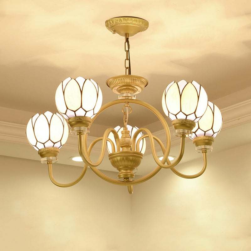 3/5 Bulbs Dining Room Chandelier Lamp Tiffany Gold Pendant Light with Flower Hand Cut Glass Shade Clearhalo 'Ceiling Lights' 'Chandeliers' 'Industrial' 'Middle Century Chandeliers' 'Pendant Lights' 'Tiffany Chandeliers' 'Tiffany close to ceiling' 'Tiffany' Lighting' 1711313