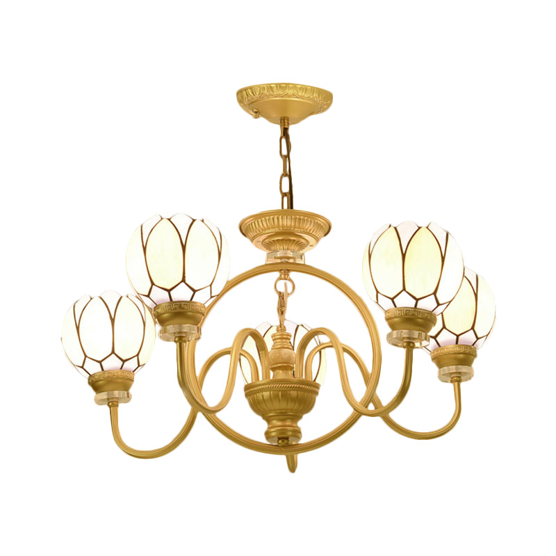 3/5 Bulbs Dining Room Chandelier Lamp Tiffany Gold Pendant Light with Flower Hand Cut Glass Shade Clearhalo 'Ceiling Lights' 'Chandeliers' 'Industrial' 'Middle Century Chandeliers' 'Pendant Lights' 'Tiffany Chandeliers' 'Tiffany close to ceiling' 'Tiffany' Lighting' 1711314