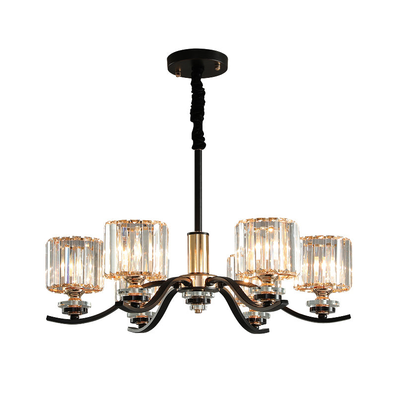 Simple Cylinder Hanging Ceiling Light Crystal Prisms 6-Bulb Bedroom Chandelier Lamp in Black Clearhalo 'Ceiling Lights' 'Chandeliers' 'Modern Chandeliers' 'Modern' Lighting' 1711326