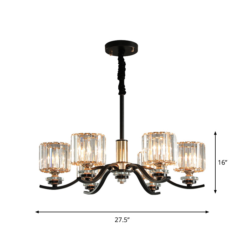 Simple Cylinder Hanging Ceiling Light Crystal Prisms 6-Bulb Bedroom Chandelier Lamp in Black Clearhalo 'Ceiling Lights' 'Chandeliers' 'Modern Chandeliers' 'Modern' Lighting' 1711327