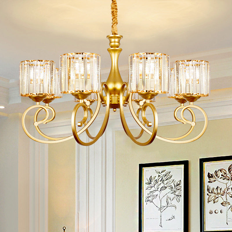 Prismatic Glass Cylinder Chandelier Lamp Modernism 8-Head Gold Suspension Pendant Light Gold Clearhalo 'Ceiling Lights' 'Chandeliers' 'Glass shade' 'Glass' 'Modern Chandeliers' 'Modern' Lighting' 1711336