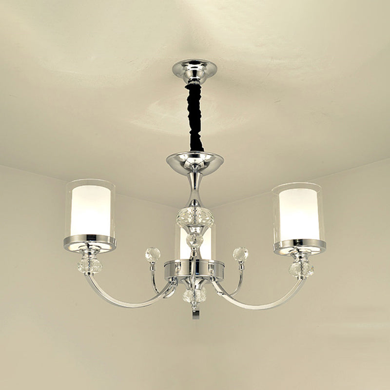 Dual-Layer Cylinder Parlor Ceiling Lamp Clear and Opal Glass 3-Head Minimalism Chandelier with Crystal Deco in Chrome Clearhalo 'Ceiling Lights' 'Chandeliers' 'Modern Chandeliers' 'Modern' Lighting' 1711361