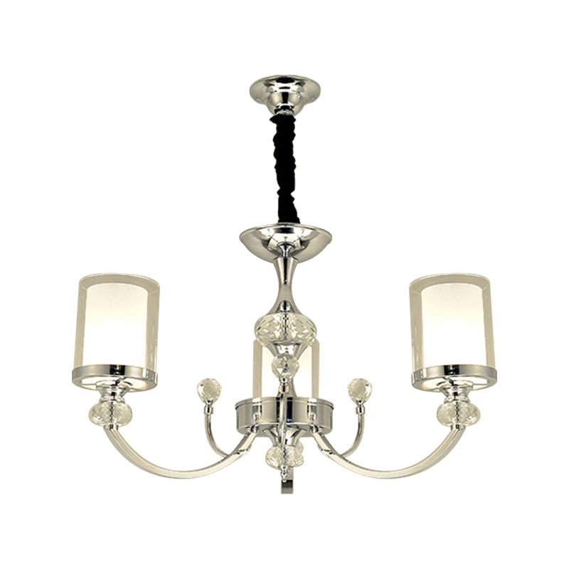 Dual-Layer Cylinder Parlor Ceiling Lamp Clear and Opal Glass 3-Head Minimalism Chandelier with Crystal Deco in Chrome Clearhalo 'Ceiling Lights' 'Chandeliers' 'Modern Chandeliers' 'Modern' Lighting' 1711362