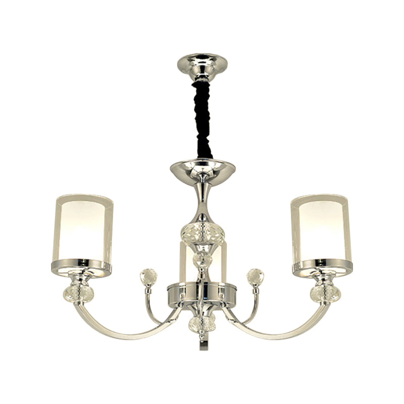 Dual-Layer Cylinder Parlor Ceiling Lamp Clear and Opal Glass 3-Head Minimalism Chandelier with Crystal Deco in Chrome Clearhalo 'Ceiling Lights' 'Chandeliers' 'Modern Chandeliers' 'Modern' Lighting' 1711362