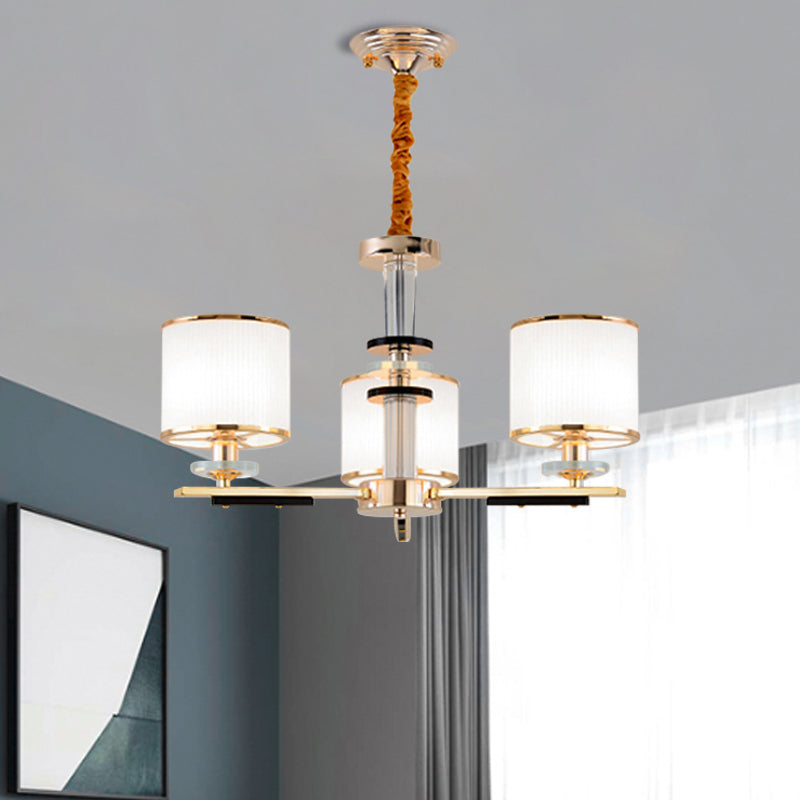 3 Heads Drawing Room Ceiling Pendant Simplicity Gold Chandelier Light with Drum Opal Glass Shade Gold Clearhalo 'Ceiling Lights' 'Chandeliers' 'Modern Chandeliers' 'Modern' Lighting' 1711381