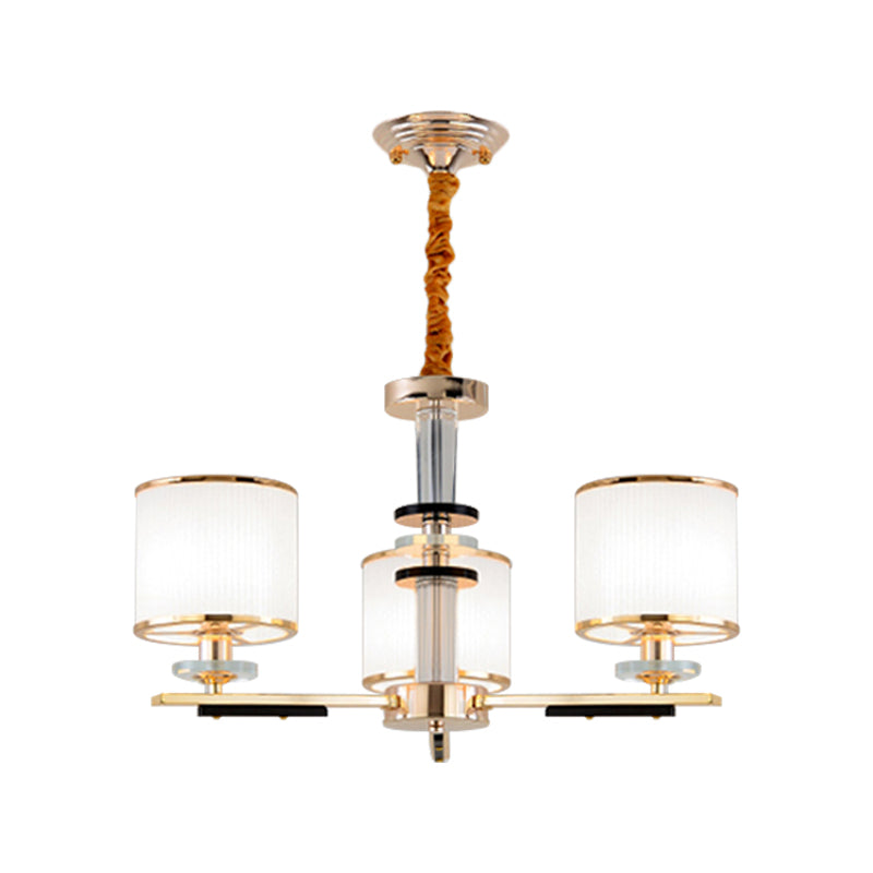 3 Heads Drawing Room Ceiling Pendant Simplicity Gold Chandelier Light with Drum Opal Glass Shade Clearhalo 'Ceiling Lights' 'Chandeliers' 'Modern Chandeliers' 'Modern' Lighting' 1711383