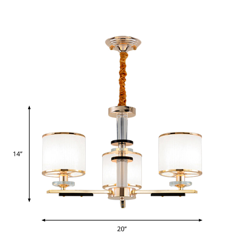 3 Heads Drawing Room Ceiling Pendant Simplicity Gold Chandelier Light with Drum Opal Glass Shade Clearhalo 'Ceiling Lights' 'Chandeliers' 'Modern Chandeliers' 'Modern' Lighting' 1711384