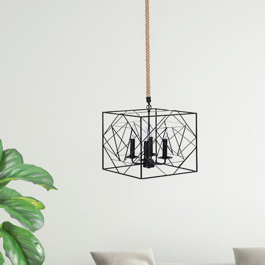 4 Heads Metallic Chandelier Lamp Warehouse Black Cubic Frame Dining Room Pendant with Candlestick Design Black Clearhalo 'Cast Iron' 'Ceiling Lights' 'Chandeliers' 'Industrial Chandeliers' 'Industrial' 'Metal' 'Middle Century Chandeliers' 'Rustic Chandeliers' 'Tiffany' Lighting' 1711389
