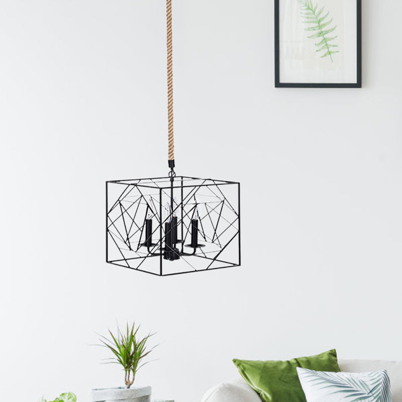 4 Heads Metallic Chandelier Lamp Warehouse Black Cubic Frame Dining Room Pendant with Candlestick Design Clearhalo 'Cast Iron' 'Ceiling Lights' 'Chandeliers' 'Industrial Chandeliers' 'Industrial' 'Metal' 'Middle Century Chandeliers' 'Rustic Chandeliers' 'Tiffany' Lighting' 1711390