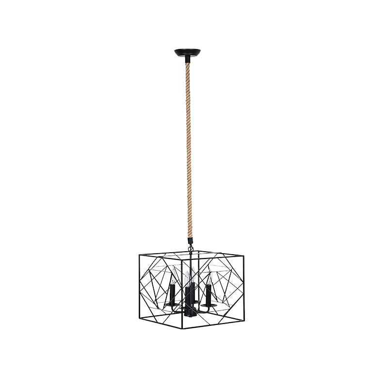 4 Heads Metallic Chandelier Lamp Warehouse Black Cubic Frame Dining Room Pendant with Candlestick Design Clearhalo 'Cast Iron' 'Ceiling Lights' 'Chandeliers' 'Industrial Chandeliers' 'Industrial' 'Metal' 'Middle Century Chandeliers' 'Rustic Chandeliers' 'Tiffany' Lighting' 1711391