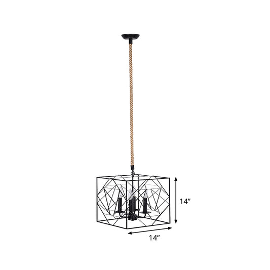 4 Heads Metallic Chandelier Lamp Warehouse Black Cubic Frame Dining Room Pendant with Candlestick Design Clearhalo 'Cast Iron' 'Ceiling Lights' 'Chandeliers' 'Industrial Chandeliers' 'Industrial' 'Metal' 'Middle Century Chandeliers' 'Rustic Chandeliers' 'Tiffany' Lighting' 1711392