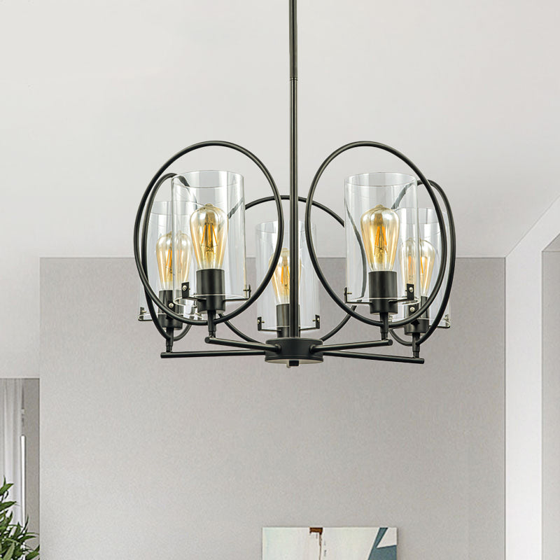 Cylinder Parlor Suspension Pendant Farmhouse Clear Glass 5 Lights Black Chandelier with Hoop Design Black Clearhalo 'Cast Iron' 'Ceiling Lights' 'Chandeliers' 'Industrial Chandeliers' 'Industrial' 'Metal' 'Middle Century Chandeliers' 'Rustic Chandeliers' 'Tiffany' Lighting' 1711393