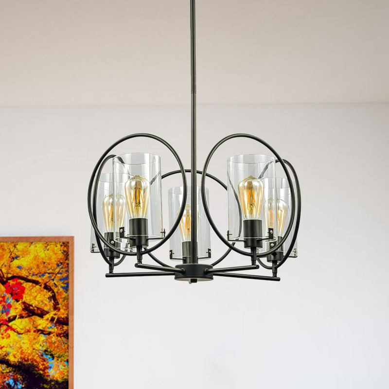 Cylinder Parlor Suspension Pendant Farmhouse Clear Glass 5 Lights Black Chandelier with Hoop Design Clearhalo 'Cast Iron' 'Ceiling Lights' 'Chandeliers' 'Industrial Chandeliers' 'Industrial' 'Metal' 'Middle Century Chandeliers' 'Rustic Chandeliers' 'Tiffany' Lighting' 1711394
