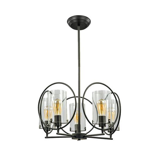 Cylinder Parlor Suspension Pendant Farmhouse Clear Glass 5 Lights Black Chandelier with Hoop Design Clearhalo 'Cast Iron' 'Ceiling Lights' 'Chandeliers' 'Industrial Chandeliers' 'Industrial' 'Metal' 'Middle Century Chandeliers' 'Rustic Chandeliers' 'Tiffany' Lighting' 1711395