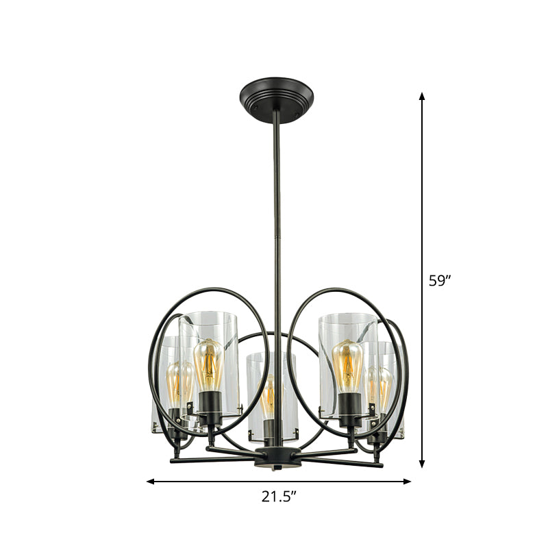 Cylinder Parlor Suspension Pendant Farmhouse Clear Glass 5 Lights Black Chandelier with Hoop Design Clearhalo 'Cast Iron' 'Ceiling Lights' 'Chandeliers' 'Industrial Chandeliers' 'Industrial' 'Metal' 'Middle Century Chandeliers' 'Rustic Chandeliers' 'Tiffany' Lighting' 1711396