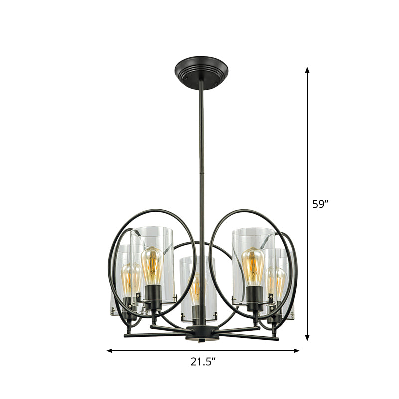 Cylinder Parlor Suspension Pendant Farmhouse Clear Glass 5 Lights Black Chandelier with Hoop Design Clearhalo 'Cast Iron' 'Ceiling Lights' 'Chandeliers' 'Industrial Chandeliers' 'Industrial' 'Metal' 'Middle Century Chandeliers' 'Rustic Chandeliers' 'Tiffany' Lighting' 1711396