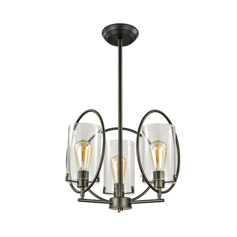 Black 3 Bulbs Hanging Chandelier Industrial Clear Glass Cylindrical Ceiling Pendant Light Clearhalo 'Cast Iron' 'Ceiling Lights' 'Chandeliers' 'Industrial Chandeliers' 'Industrial' 'Metal' 'Middle Century Chandeliers' 'Rustic Chandeliers' 'Tiffany' Lighting' 1711399