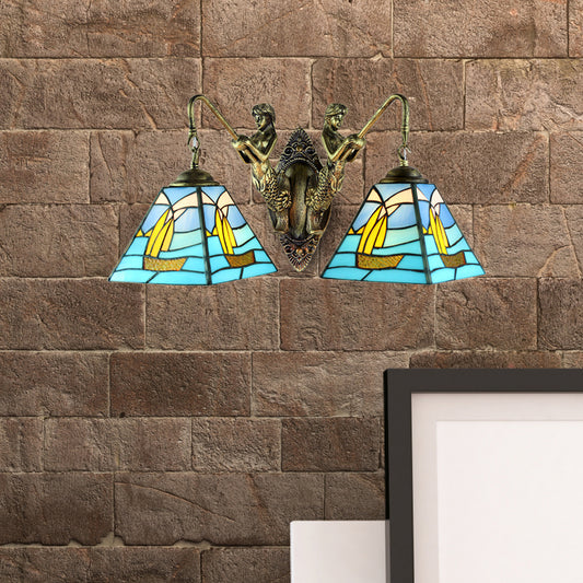 Sailboat Sconce Lighting Mediterranean Blue Glass 2 Heads Antique Brass Wall Mounted Light Clearhalo 'Industrial' 'Middle century wall lights' 'Tiffany wall lights' 'Tiffany' 'Wall Lamps & Sconces' 'Wall Lights' Lighting' 171139