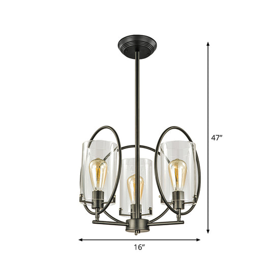 Black 3 Bulbs Hanging Chandelier Industrial Clear Glass Cylindrical Ceiling Pendant Light Clearhalo 'Cast Iron' 'Ceiling Lights' 'Chandeliers' 'Industrial Chandeliers' 'Industrial' 'Metal' 'Middle Century Chandeliers' 'Rustic Chandeliers' 'Tiffany' Lighting' 1711400