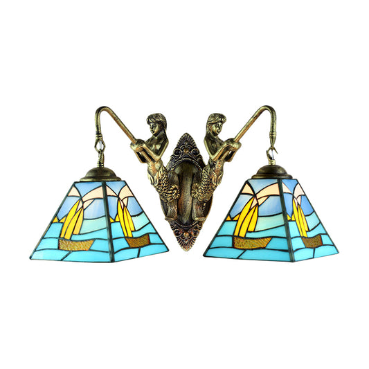 Sailboat Sconce Lighting Mediterranean Blue Glass 2 Heads Antique Brass Wall Mounted Light Clearhalo 'Industrial' 'Middle century wall lights' 'Tiffany wall lights' 'Tiffany' 'Wall Lamps & Sconces' 'Wall Lights' Lighting' 171140