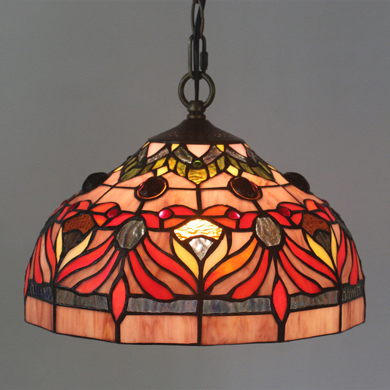 Bowl Shade Hanging Light Fixture Tiffany Stained Glass 1 Light Red Finish Drop Pendant for Dining Room Clearhalo 'Art Deco Pendants' 'Cast Iron' 'Ceiling Lights' 'Ceramic' 'Crystal' 'Industrial' 'Metal' 'Middle Century Pendants' 'Pendant Lights' 'Pendants' 'Tiffany close to ceiling' 'Tiffany Pendants' 'Tiffany' Lighting' 1711428