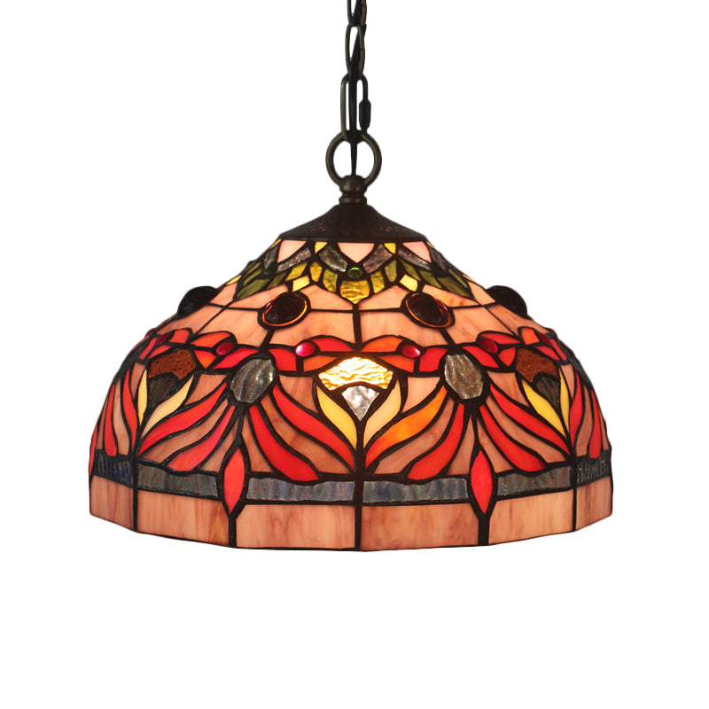 Bowl Shade Hanging Light Fixture Tiffany Stained Glass 1 Light Red Finish Drop Pendant for Dining Room Clearhalo 'Art Deco Pendants' 'Cast Iron' 'Ceiling Lights' 'Ceramic' 'Crystal' 'Industrial' 'Metal' 'Middle Century Pendants' 'Pendant Lights' 'Pendants' 'Tiffany close to ceiling' 'Tiffany Pendants' 'Tiffany' Lighting' 1711429