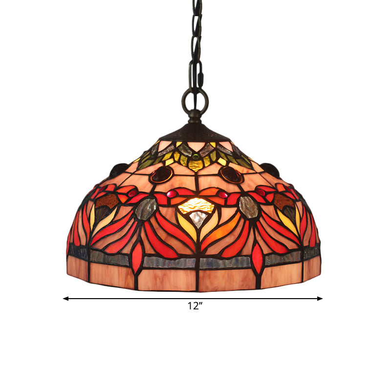 Bowl Shade Hanging Light Fixture Tiffany Stained Glass 1 Light Red Finish Drop Pendant for Dining Room Clearhalo 'Art Deco Pendants' 'Cast Iron' 'Ceiling Lights' 'Ceramic' 'Crystal' 'Industrial' 'Metal' 'Middle Century Pendants' 'Pendant Lights' 'Pendants' 'Tiffany close to ceiling' 'Tiffany Pendants' 'Tiffany' Lighting' 1711430