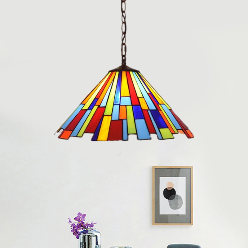 Mission Cone Pendulum Light 8"/13" W 1 Bulb Stained Glass Suspension Lamp in Brass with Rectangle Pattern Clearhalo 'Art Deco Pendants' 'Cast Iron' 'Ceiling Lights' 'Ceramic' 'Crystal' 'Industrial' 'Metal' 'Middle Century Pendants' 'Pendant Lights' 'Pendants' 'Tiffany close to ceiling' 'Tiffany Pendants' 'Tiffany' Lighting' 1711432