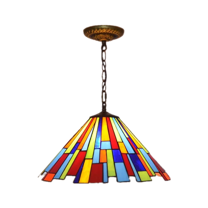 Mission Cone Pendulum Light 8"/13" W 1 Bulb Stained Glass Suspension Lamp in Brass with Rectangle Pattern Clearhalo 'Art Deco Pendants' 'Cast Iron' 'Ceiling Lights' 'Ceramic' 'Crystal' 'Industrial' 'Metal' 'Middle Century Pendants' 'Pendant Lights' 'Pendants' 'Tiffany close to ceiling' 'Tiffany Pendants' 'Tiffany' Lighting' 1711433