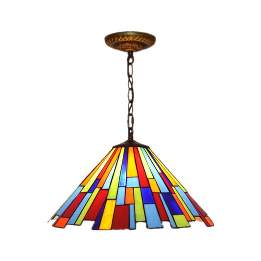 Mission Cone Pendulum Light 8"/13" W 1 Bulb Stained Glass Suspension Lamp in Brass with Rectangle Pattern Clearhalo 'Art Deco Pendants' 'Cast Iron' 'Ceiling Lights' 'Ceramic' 'Crystal' 'Industrial' 'Metal' 'Middle Century Pendants' 'Pendant Lights' 'Pendants' 'Tiffany close to ceiling' 'Tiffany Pendants' 'Tiffany' Lighting' 1711433
