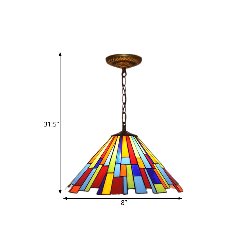 Mission Cone Pendulum Light 8"/13" W 1 Bulb Stained Glass Suspension Lamp in Brass with Rectangle Pattern Clearhalo 'Art Deco Pendants' 'Cast Iron' 'Ceiling Lights' 'Ceramic' 'Crystal' 'Industrial' 'Metal' 'Middle Century Pendants' 'Pendant Lights' 'Pendants' 'Tiffany close to ceiling' 'Tiffany Pendants' 'Tiffany' Lighting' 1711434