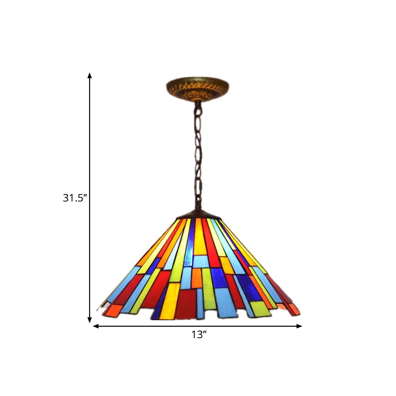 Mission Cone Pendulum Light 8"/13" W 1 Bulb Stained Glass Suspension Lamp in Brass with Rectangle Pattern Clearhalo 'Art Deco Pendants' 'Cast Iron' 'Ceiling Lights' 'Ceramic' 'Crystal' 'Industrial' 'Metal' 'Middle Century Pendants' 'Pendant Lights' 'Pendants' 'Tiffany close to ceiling' 'Tiffany Pendants' 'Tiffany' Lighting' 1711435