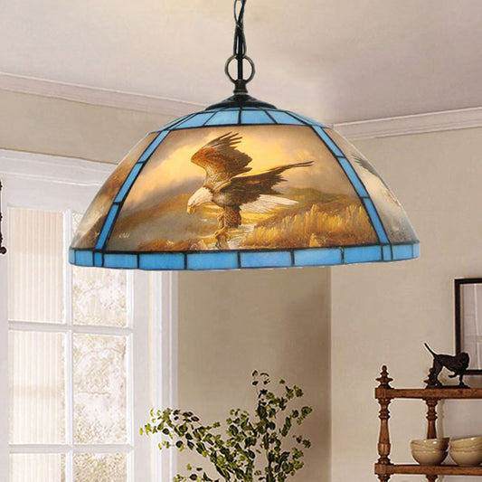 Cut Glass Domed Hanging Light Kit Victorian 1 Bulb Yellow/Blue Pendant Lamp with Eagle Pattern for Dining Room Blue Clearhalo 'Art Deco Pendants' 'Cast Iron' 'Ceiling Lights' 'Ceramic' 'Crystal' 'Industrial' 'Metal' 'Middle Century Pendants' 'Pendant Lights' 'Pendants' 'Tiffany close to ceiling' 'Tiffany Pendants' 'Tiffany' Lighting' 1711436