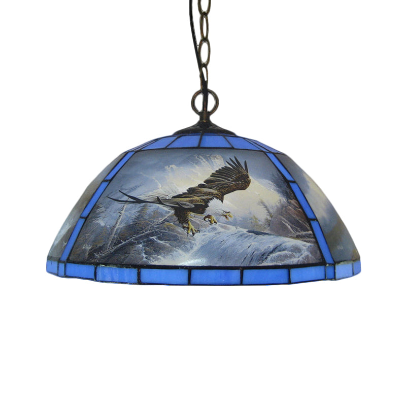 Cut Glass Domed Hanging Light Kit Victorian 1 Bulb Yellow/Blue Pendant Lamp with Eagle Pattern for Dining Room Clearhalo 'Art Deco Pendants' 'Cast Iron' 'Ceiling Lights' 'Ceramic' 'Crystal' 'Industrial' 'Metal' 'Middle Century Pendants' 'Pendant Lights' 'Pendants' 'Tiffany close to ceiling' 'Tiffany Pendants' 'Tiffany' Lighting' 1711438